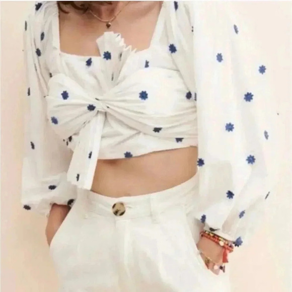 FARM Rio Tops - FARM RIO Blue FLowers Long Sleeve Crop SZ XL NWOT